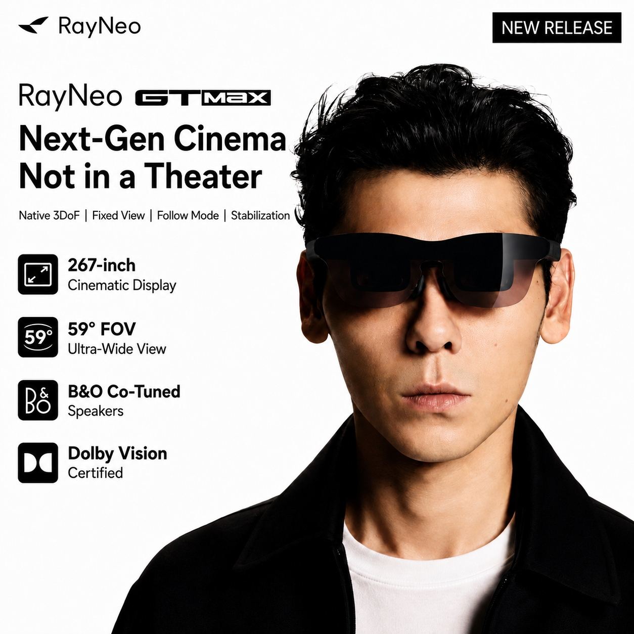 RayNeo GT Max Smart AR Glasses — 59 FoV, HDR10 display glasses. High-definition viewing XR device