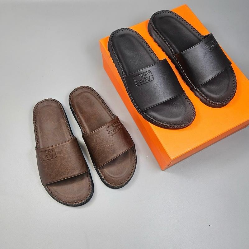 [ Dép chống nhăn Lucky Star ]  Dép Nam Quai Ngang  Cao Cấp Da Xuất Nhập, Bản Đế Vừa Lót Mút Êm Chân, Đế Cao Su Đúc Khâu Chỉ Nam Đế Răng Cưa Chống Trơn Trượt