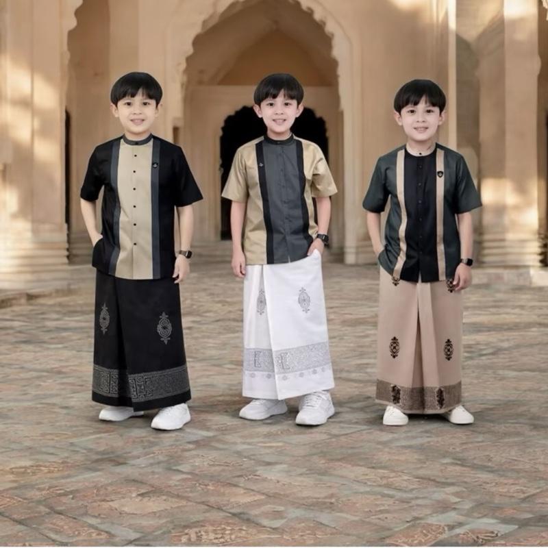 Set Sarko Sarung +Koko Anak Usia 5-14 Tahun ~ Motif Nuaiman Setelan Baju Muslim Lengan Pendek Sarung Instan Karet Pinggang Terbaru Bahan Toyobo Tebal