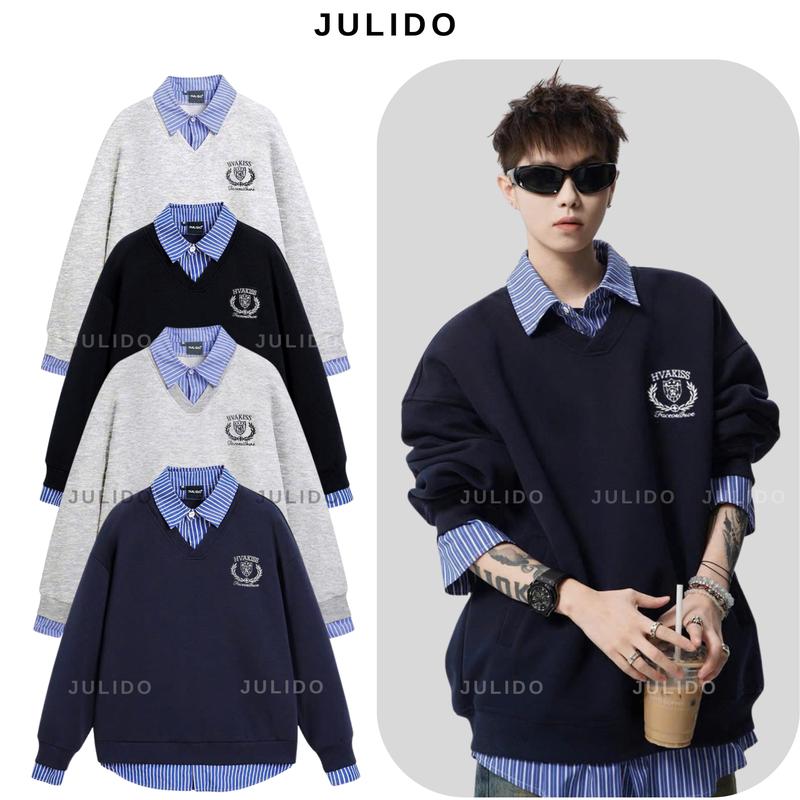 SWEATER MIX SƠ MI - Áo nỉ form rộng thêu hình sắc nét - chất nỉ hai da phối sơ mi kẻ - JULIDO