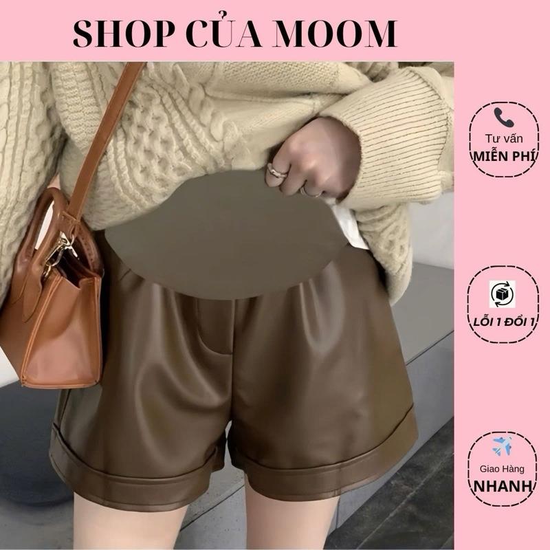 Nhà Moom Quần sooc Bầu Da Mềm Thu Đông gấp gấu trẻ trung ống rộng có chun rút chỉnh bụng tiện lợi