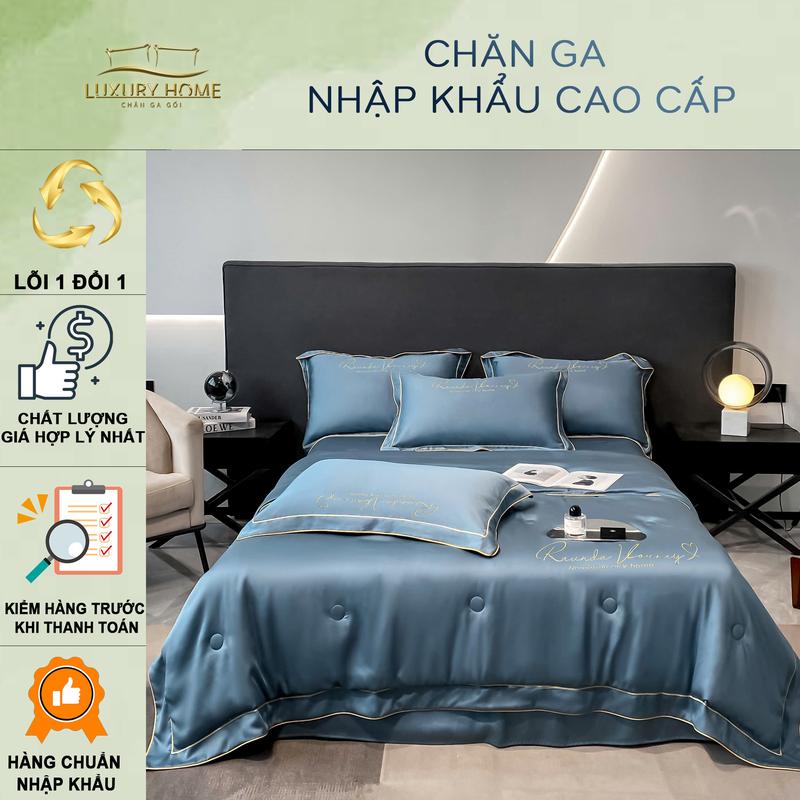  Bộ Chăn ga Lụa Lạnh Chữ Thêu chăn hè Trần Bông sang trọng Sét 4 món lụa 40s mềm mát loại cao cấp 