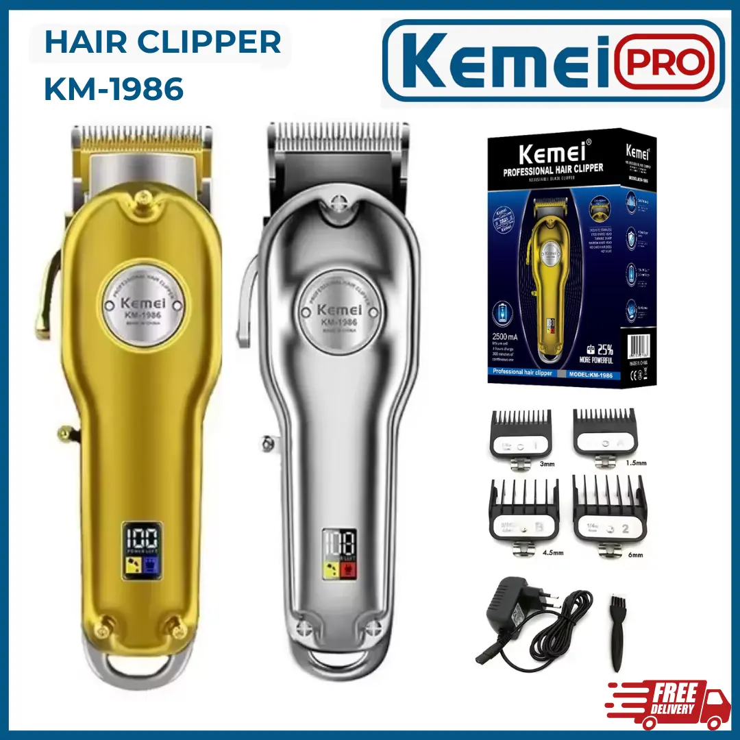 KEMEI 1986 Alat Cukur Listrik Kemei 1986 Gold Bisa Cas Full Metal KM-1986 Professional Clipper Mesin Rambut KM1986 Gold Mesin Cukur Rambut Elektrik