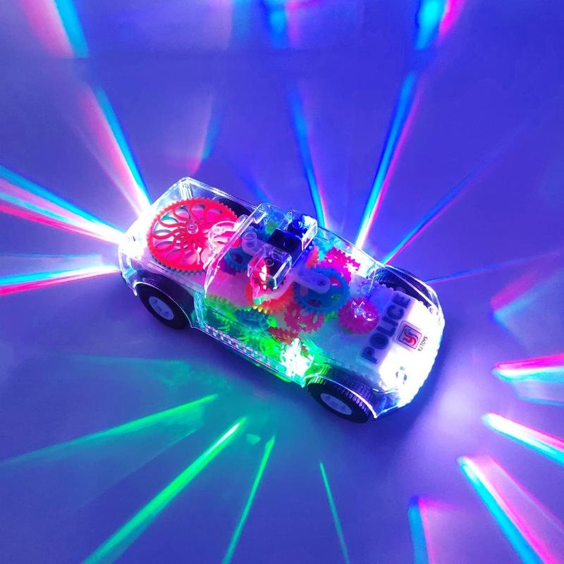 Light Up Transparent Gears Police Car Toy for Kids Bump and Go Toy Car for Boys Girl Educational Baby Toys Car Music LED Effects 1