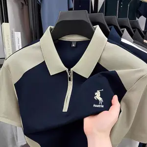 Polo Zipper Pria Kemeja Pria Polo Penyambungan Dan Kontras Casual Polo Trendi kaos pria keren