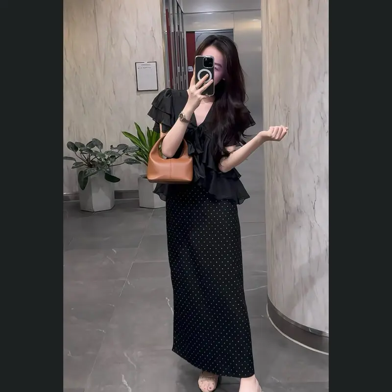 Chân Váy Chấm Bi Dáng Dài Cạp Cao Tôn Dáng 2 Lớp Có Xẻ Tà khoá kéo sau Mặc Đi Chơi Đi Làm Đều Xinh S M L XL