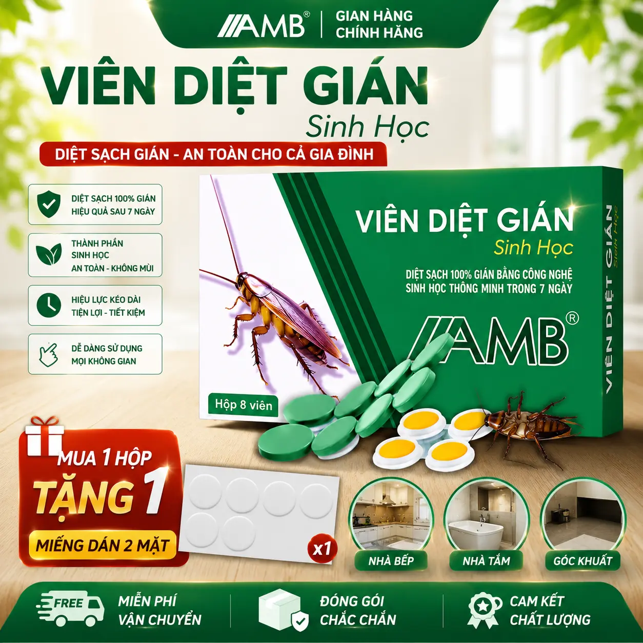 [TẶNG MIẾNG DÁN CỐ ĐỊNH ] Viên diệt gián sinh học AMB hộp 8 viên, hiệu quả , an toàn cho người và vật nuôi. Đồ vệ sinh nhà cửa vien diet gian