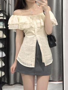 เสื้อเบลาส์ แยกต่างหากผู้หญิง มีกระดุม แต่งระบาย สีพื้น สไตล์ลำลอง（พร้อมส่งครับ）