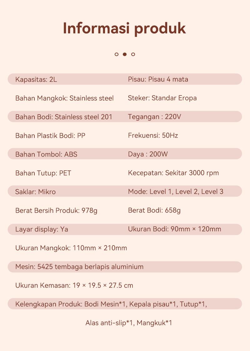 Penggiling/blender daging rumah tangga untuk daging, sayuran, dan buah-buahan, kapasitas 2 liter.