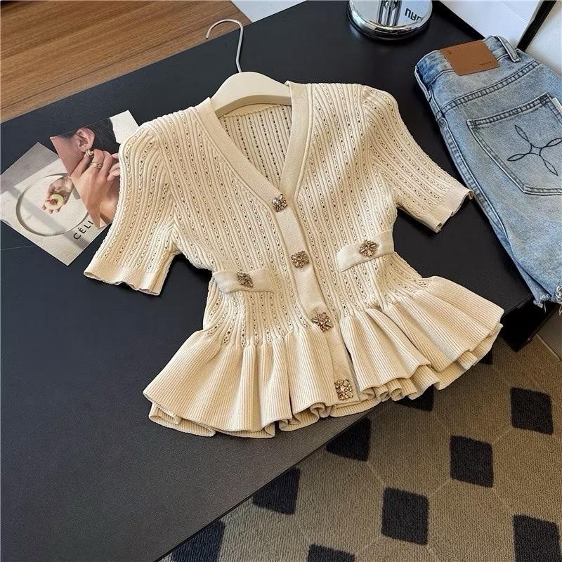   55-90kg  Áo len v cổ tim cúc vuông cộc tay xinh xỉu BIGSIZE 