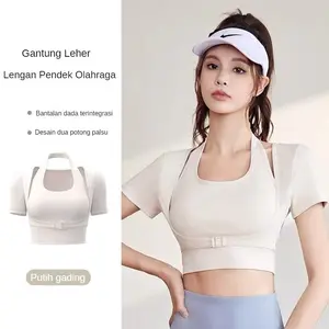 Kaos olahraga wanita atasan gym lengan pendek Baju Sportbra Crop Top Yoga Gym Fitness Aerobik Zumba Lengan Import
