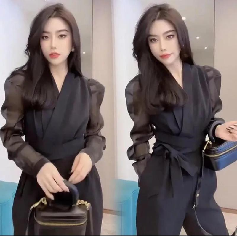 New Commuter Slim Fit Network Red Same Style Fashion Jumpsuit Women's Solid Color Mesh Bubble Sleeve Lace Up Slim On 5