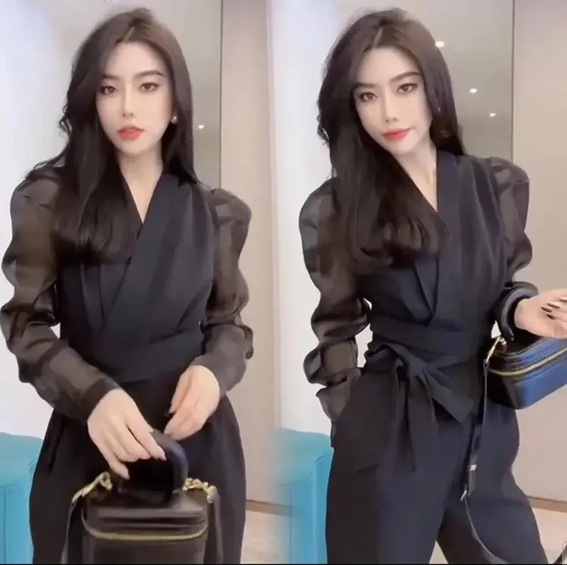 New Commuter Slim Fit Network Red Same Style Fashion Jumpsuit Women's Solid Color Mesh Bubble Sleeve Lace Up Slim On 5
