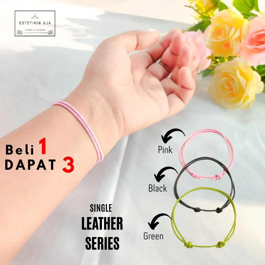 3 Pcs Gelang Tangan Polos Tali Semi Kulit Hitam Adjustable Untuk Pria Wanita Dewasa Pasangan Persahabatan