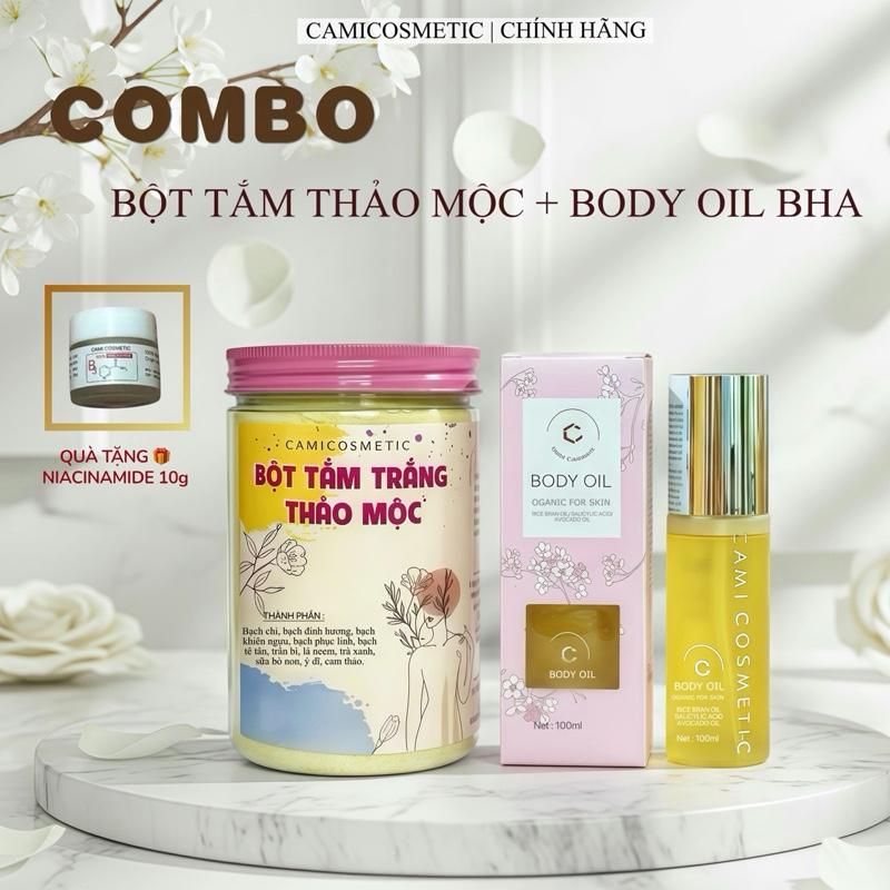COMBO BỘT + OIL BỘT THẢO MỘC 500g TẶNG 10g B3 +BODY OIL BHA 100ml Camicosmetic nữ dưỡng Body dưỡng da