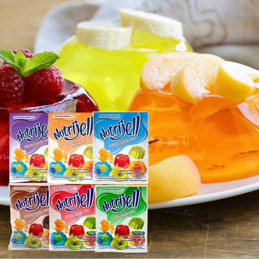 Product Introduction of Nutrijell Instant Jelly Powder Plain / Orange / Lychee / Melon / Strawberry / Chocolate /  Grape 15g Halal 12