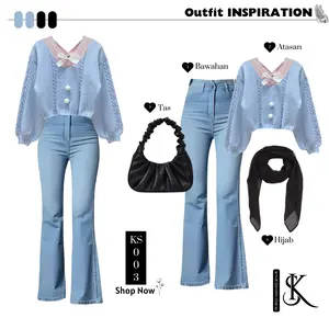 Setelan One set  Casual wanita korean style sweater rajut + cutbray jeans + hijab bella square + tas serut KS003