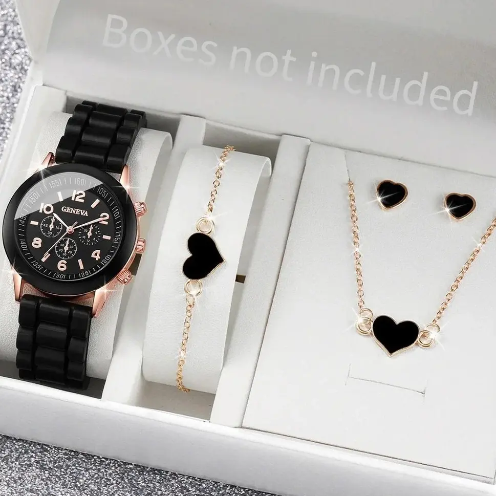 4PCS Jam Tangan Kuarsa Wanita Bergaya 3-Mata Analog Dial Bulat Tali Silikon Watches Set Perhiasan Jantung Gratis (Tanpa Kotak)