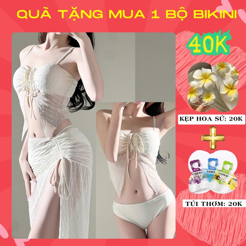 Bộ Bikini 3 Chi Tiết Cho Nữ Đồ Bơi Đi Biển 2 Mảnh Dáng Dài Áo Bra Croptop Có Mút Kèm Quần Tam Giác Và Váy Rút Dây Màu Trắng Kem SET DÀI TIỀU THƯ MÀU KEM C1