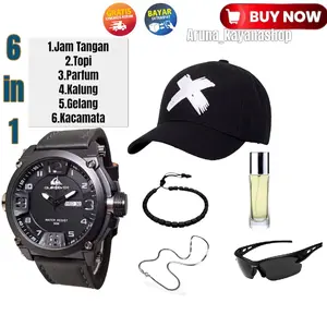 Paket Lengkap Pria Beli 1 Dapat 6 Item: Jam Tangan, Topi Baseball, Gelang Tangan, Kalung, Parfum Wangi, Kacamata Hitam
