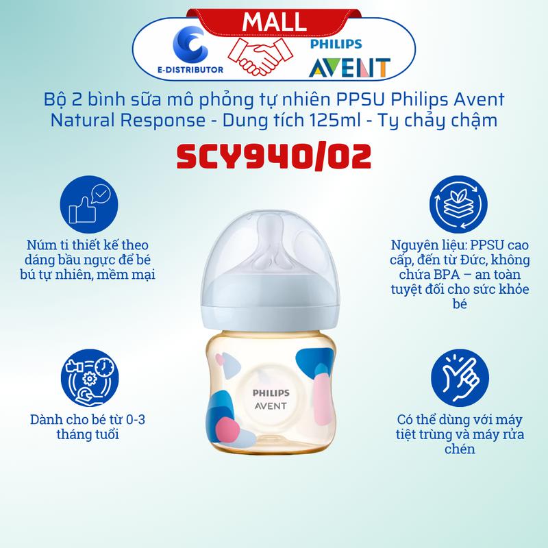 Bộ 2 bình sữa mô phỏng tự nhiên PPSU Philips Avent Natural Response SCY940/02,Dung tích 125ml,Ty chảy chậm - Hàng chính hãng