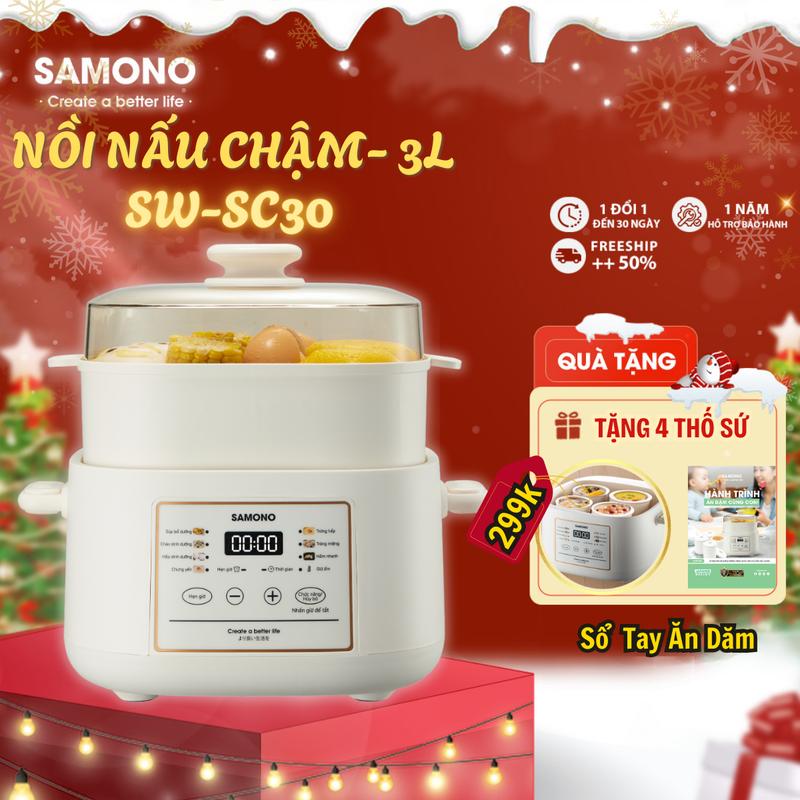   TẶNG 4 THỐ SỨ 500ml - Sổ Tay Ăn Dặm  Nồi nấu chậm SAMONO 3,2L 200W giúp chín đều thức ăn giữ nguyên dinh dưỡng nồi sứ đạt chuẩn an toàn hẹn giờ 24 tiếng SW-SC30 Nấu Cháo Nấu Cơm nát Nấu nhiều  món  Cooker 