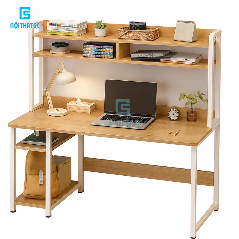 Bàn học bàn làm việc liền kệ có giá sách 2 tầng KHÔNG KÈM GHẾ Nội Thất 5C - BH073 kích thước 1m 1m2 chân sắt hộp 25x25mm sơn tĩnh điện mặt gỗ MDF dày 15mm chắc chắn NỘI THẤT 5C