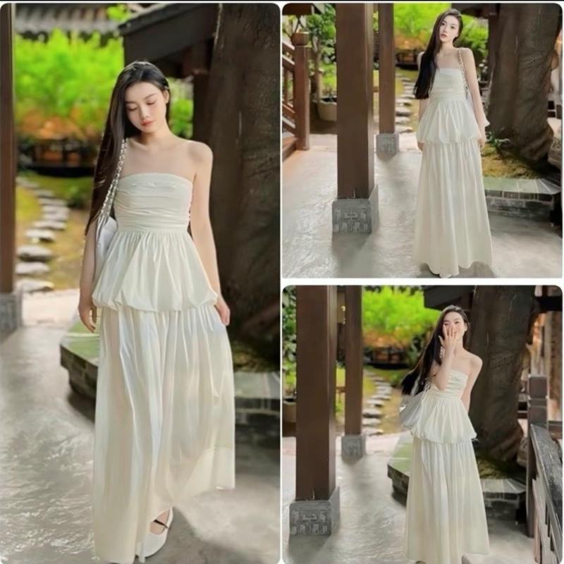 Sét Váy Maxi Tơ Xốp 2 Món Gồm: Áo Cúp Ngực Xếp Li Xoè Bí + Chân Váy Midi Dáng Dài Có Bo Chun Lưng Women Nữ Nhung