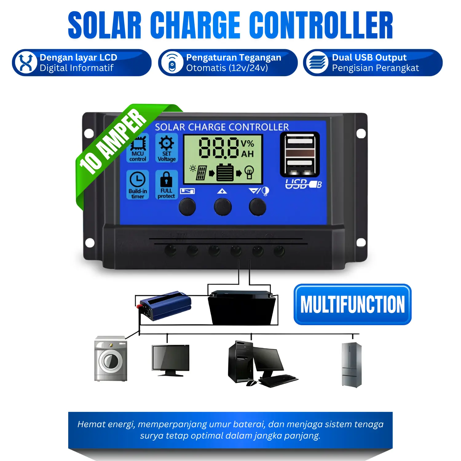 Solar Charge Controller LCD LED Display Solar PWM 12V/24V 10A USB Kontroler Solar Panel Surya Charge