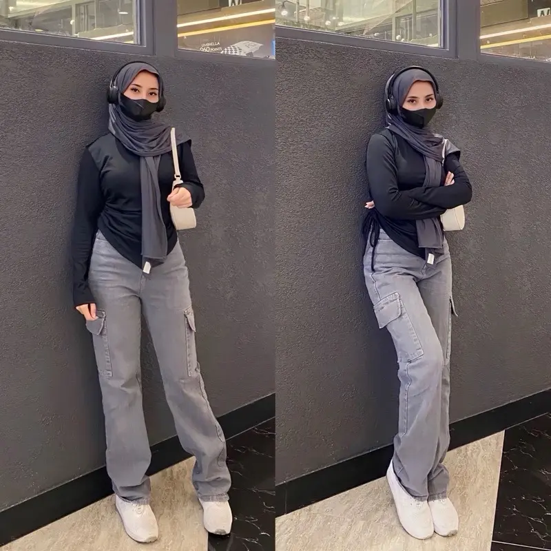 HIGHWAIST CARGO JEANS WANITA VIRAL JEANS WARNA Celana Panjang 1
