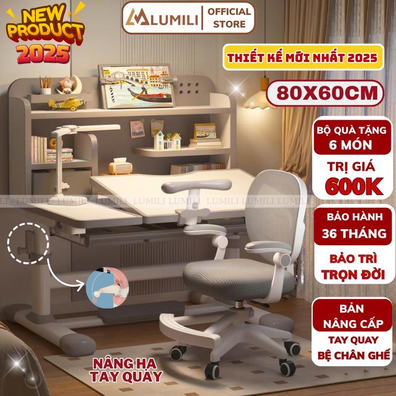  Bàn học sinh Lumili E10 plus có giá sách chống gù chống cận bàn học chống gù cho trẻ em kèm ghế xoay 