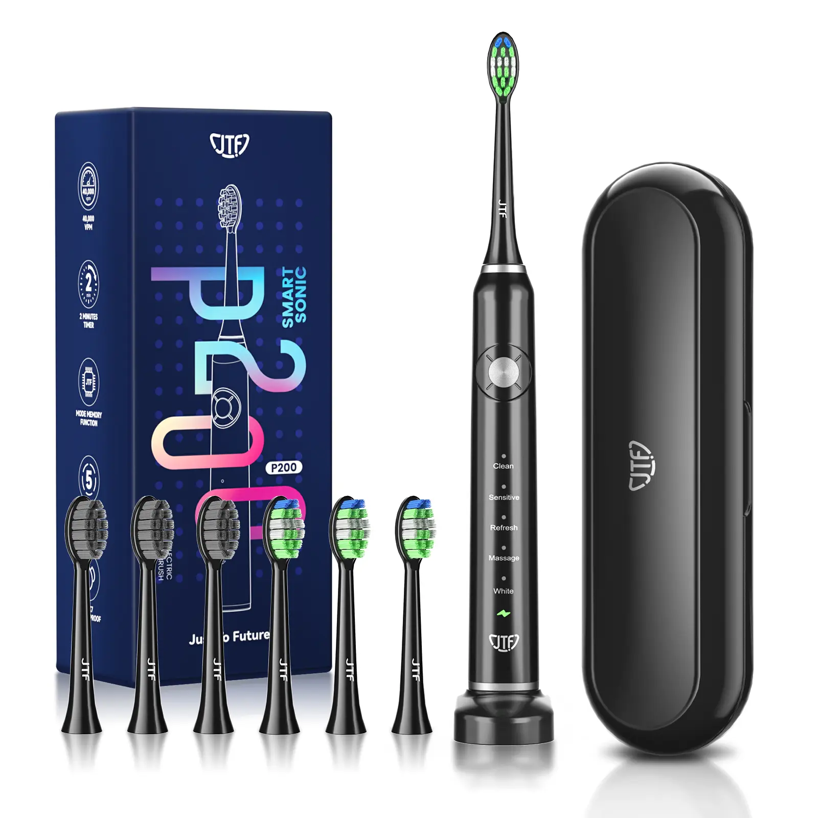 JTF Sonic Electric Toothbrush - with Travel Case and 6 Brush Heads, Fast Charging toothbrushes for 60 Days Long Lasting, 5 Modes Power Toothbrush