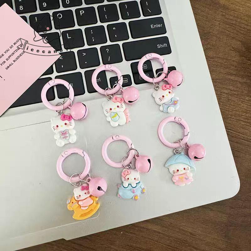 Y2k Hồng Thiên Đường KT Mèo Móc Khóa Hoạt Hình Chuông Hello Kitty Mặt Dây Chuyền Bé Gái Đi Học Phụ Kiện Bạn Gái
