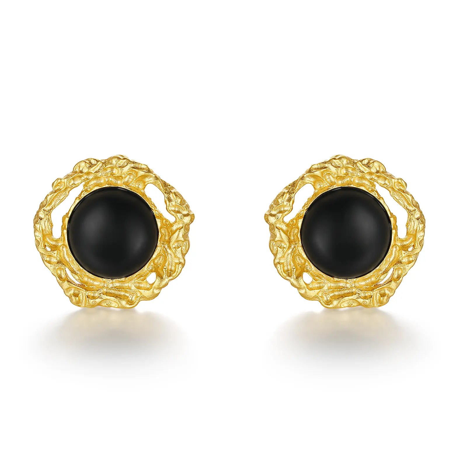 ZHOU LIU FU 18K Gold Plated Stud Earrings, Round Black Onyx GemstonesS925 Sterling Silver Earring Small 6mm J0912861
