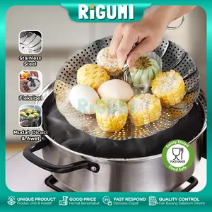 Kukusan Lipat Fleksible Stainless Steel Food Grade Steamer Alat Pengukus Dimsum Sayur Telur Serbaguna Kitchenware