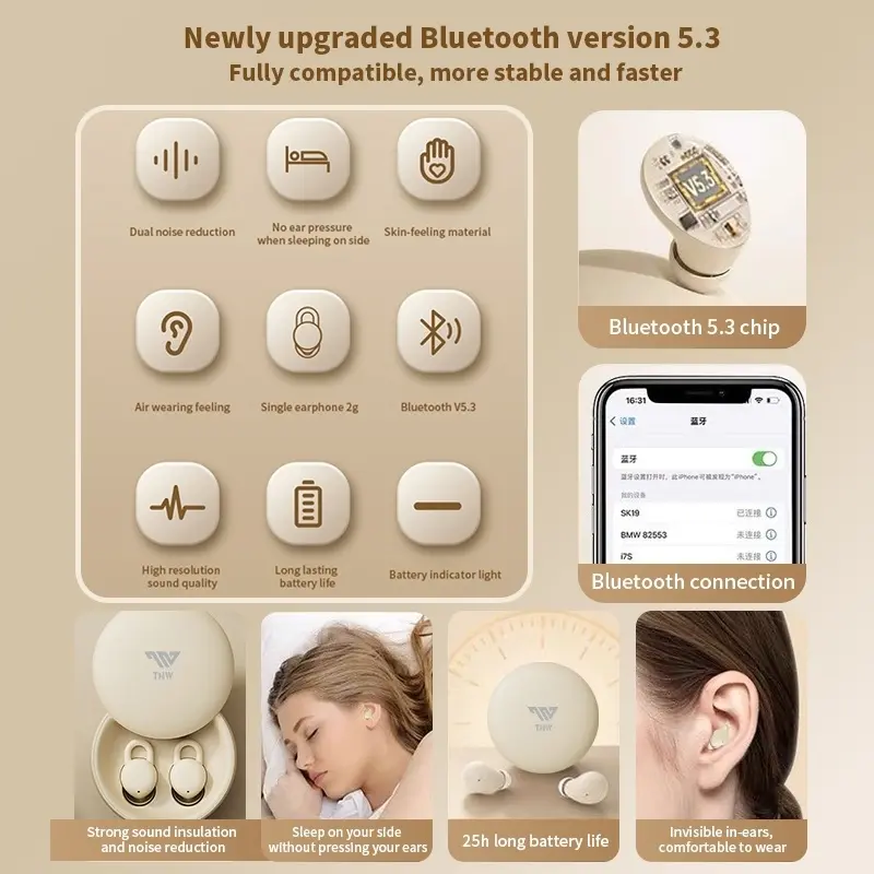 Tidur Nirkabel Bluetooth Earphone Khusus Tidur Samping Tanpa Rasa Sakit Stereo Peredam Kebisingan Tampilan Digital Headset In-Ear Kecil 5