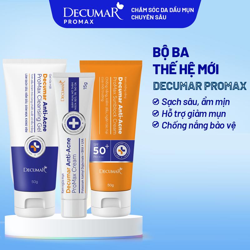 Bộ làm sạch, giảm mụn, bảo vệ da thế hệ mới (Kem mụn Decumar Promax 15g, Gel rửa mặt 50g, Kem chống nắng 50g - DPM01, DPG02, DPS01)