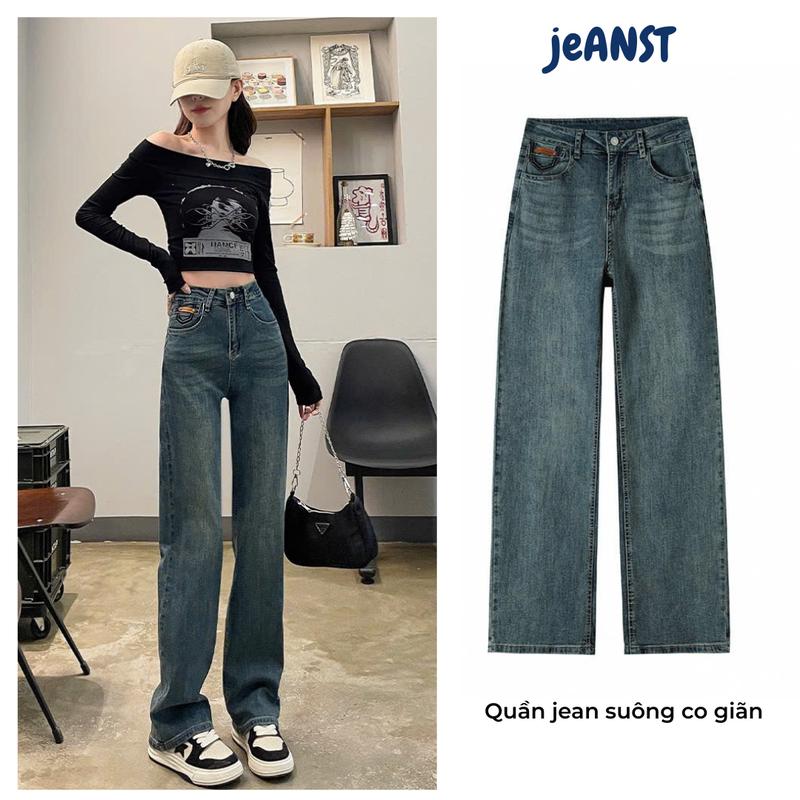  Quần Jean Nữ form Ống Suông đứng cạp cao vải mềm co giãn nhẹ dễ phối đồ 