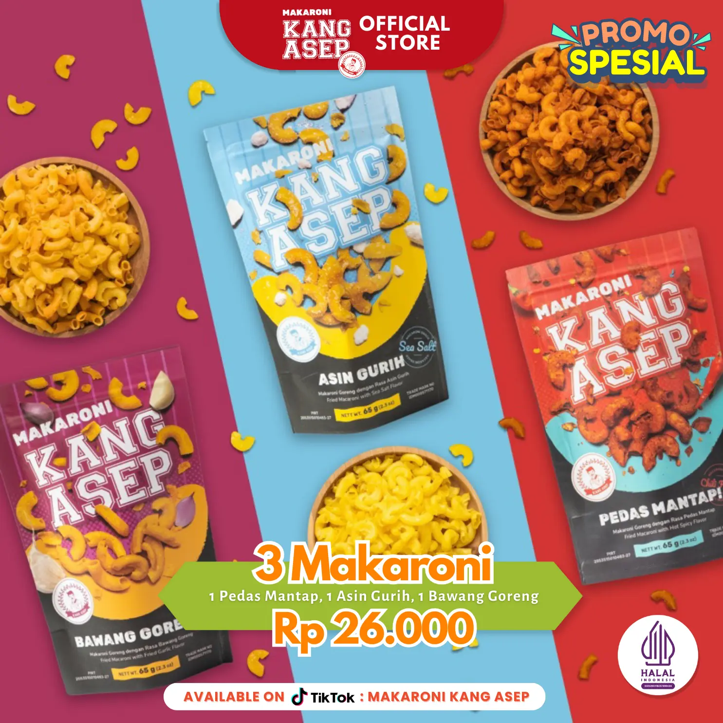 Paket Hemat Makaroni Kang Asep Pouch Bundle 3 rasa (Pedas, Asin, Bawang goreng)