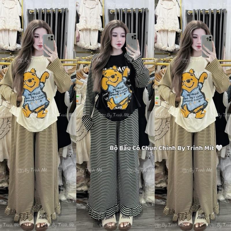 TRINH MIT Bộ Bầu Dài Tay Hình Gấu Puu Chất Cotton Dẻo Phối Kẻ - Bộ Bầu Thu Đông Có Chun Chỉnh Eo