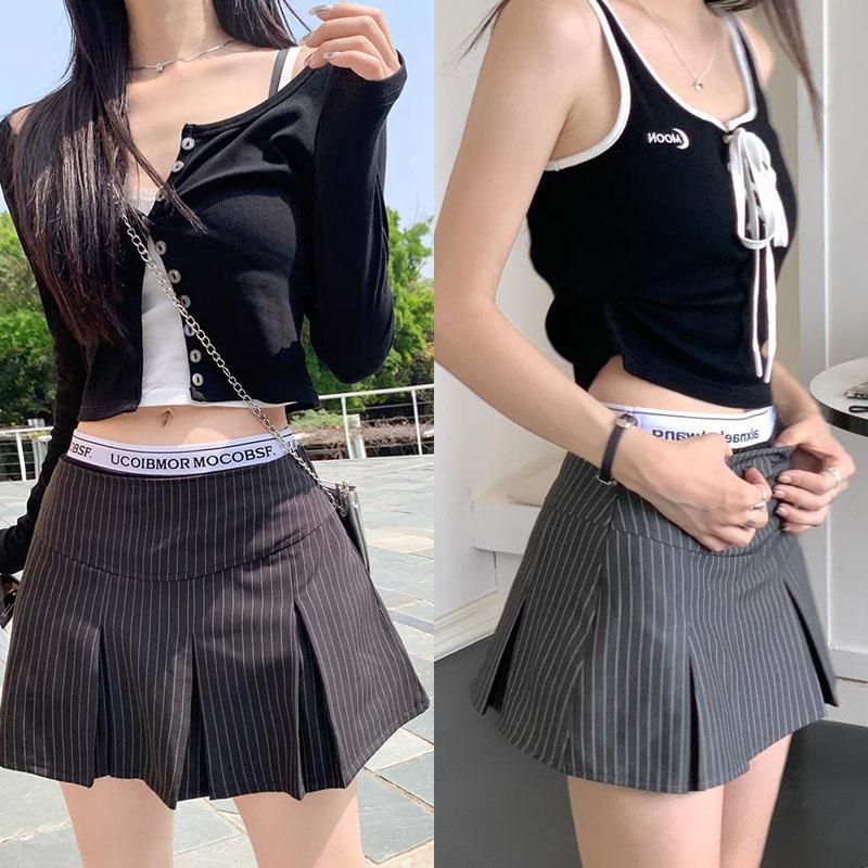 Rok lipit retro Amerika Rok garis-garis wanita ala Korea Pendek Casual Shakila Baju Dewasa Panjang Hitam Katun 1