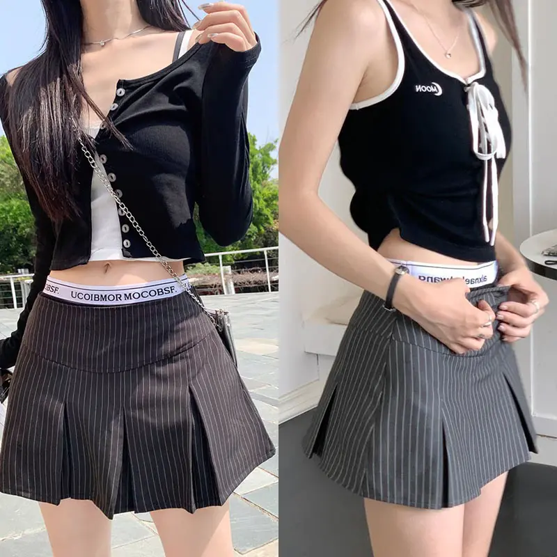 Rok lipit retro Amerika Rok garis-garis wanita ala Korea Pendek Casual Shakila Baju Dewasa Panjang Hitam Katun 0