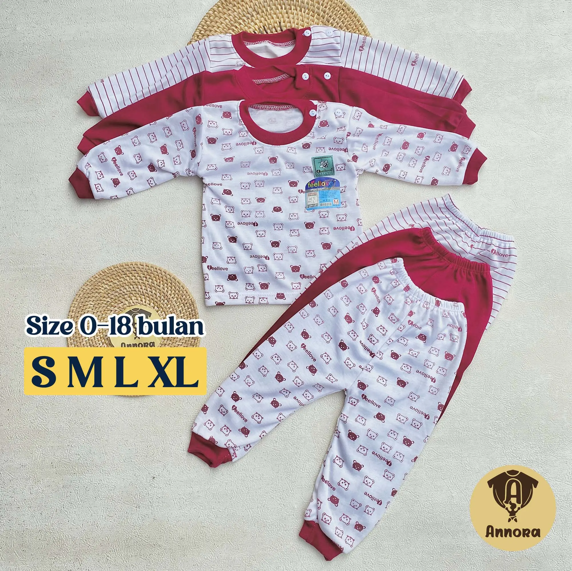 Annora Baby - 3 Setelan Baju Bayi 3-18 Bulan S M L XL Piyama Bayi Lengan Panjang Seri Marun Bear
