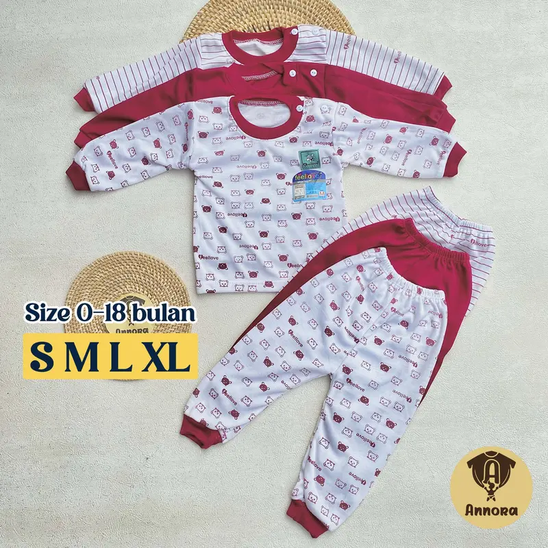 Annora Baby Isi 3 Setelan Bayi S M L XL usia 3-18 Bulan Piyama Bayi Laki Laki Perempuan Seri Marun Bear 0