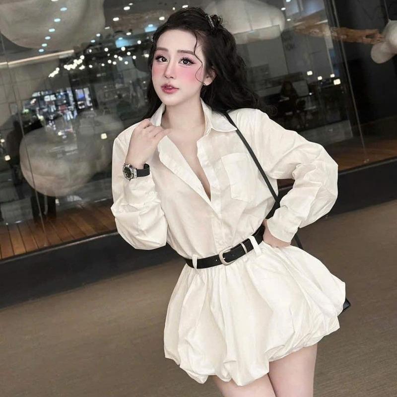 Váy Sơ Mi Túi Hộp Chân Váy Bí Bồng Xòe Phong Cách Thanh Lịch Sang Chảnh Chất Liệu Mềm Mại Thích Hợp Cho Nhiều Dịp HANHAN V298