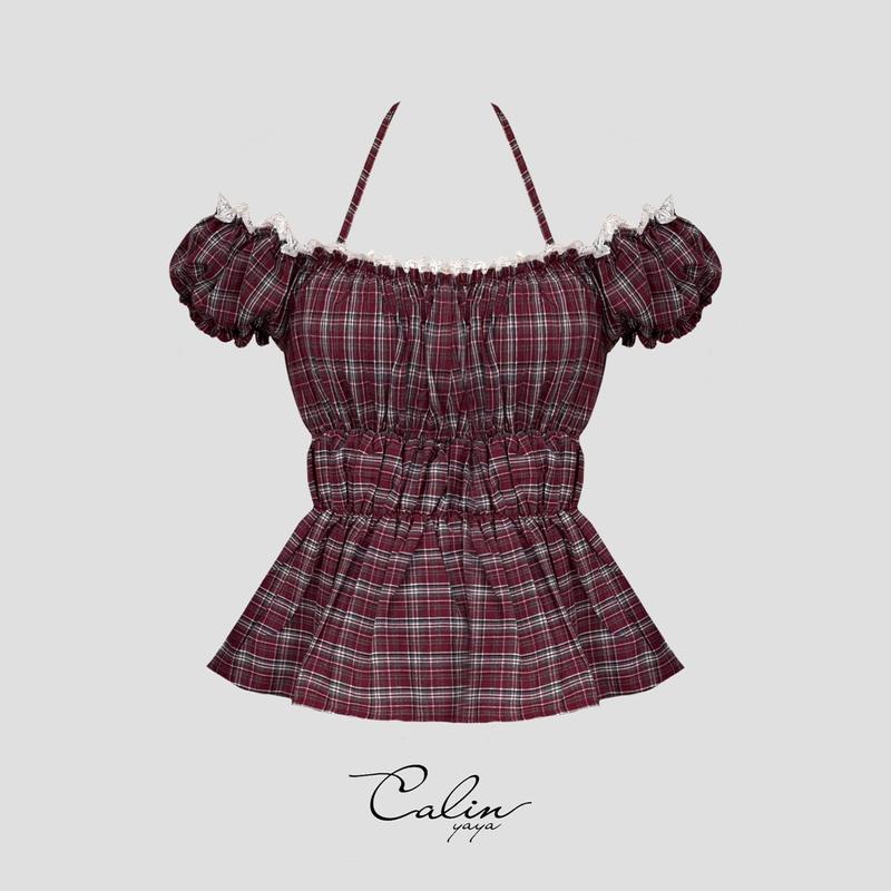 Red Summer - Áo babydoll trễ vai họa tiết caro có dây buộc cổ dễ thương cho Nữ