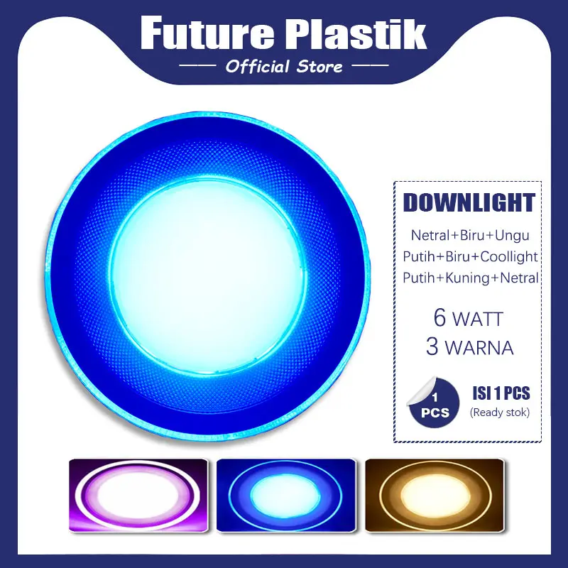PENJUALAN PABRIK LAMPU DOWNLIGHT LED 3 WARNA 6WATT/ KUNING BIRU UNGU / PUTIH KUNING WARMWHITE /Ambient Light/LAMPU PLAFON 10 CM