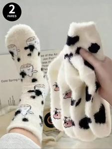 2 Pares de Calcetines de Tubo Medio con Estampado de Vaca, Suaves y Esponjosos al Tacto, Cálidos, Amigables con la Piel, para Uso Casual en el Hogar de Otoño e Invierno para Niñas