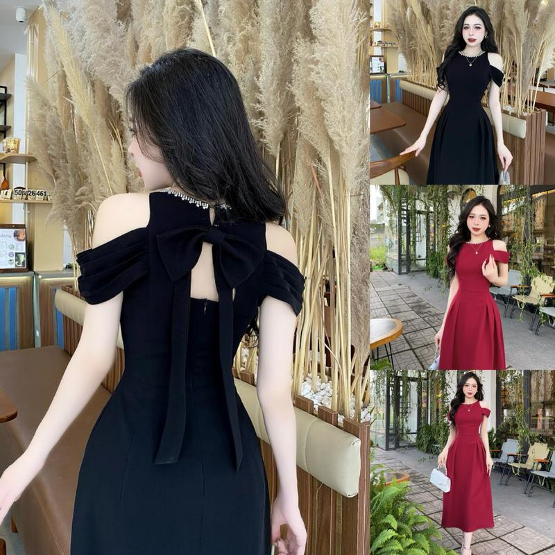TH10 - Váy Thiết Kế Evii dành cho nữ, Đầm thiết kế trễ vai, cổ tròn đính viền đá (tặng kèm nơ cài) dáng A xòe dài phù hợp đi làm, đi chơi và đi dự tiệc. Có Bigsize Women Dress