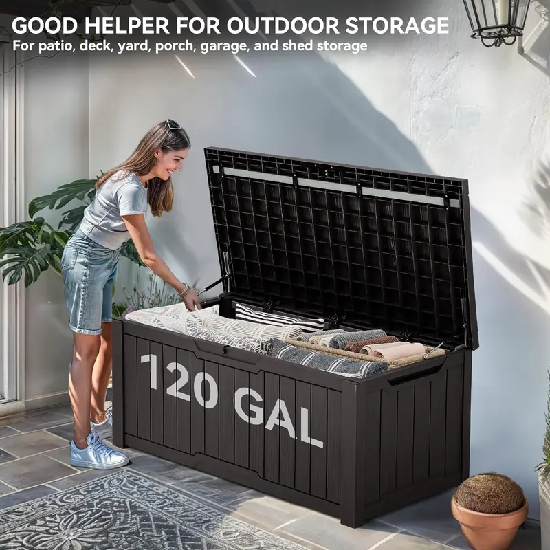 YITAHOME Outdoor Storage Box, 120 Gallon Waterproof Deck Box for Garden Tools, Patio Cushions,Lockable, Easy Assembly, Dark Brown / Black / Dark Grey 3